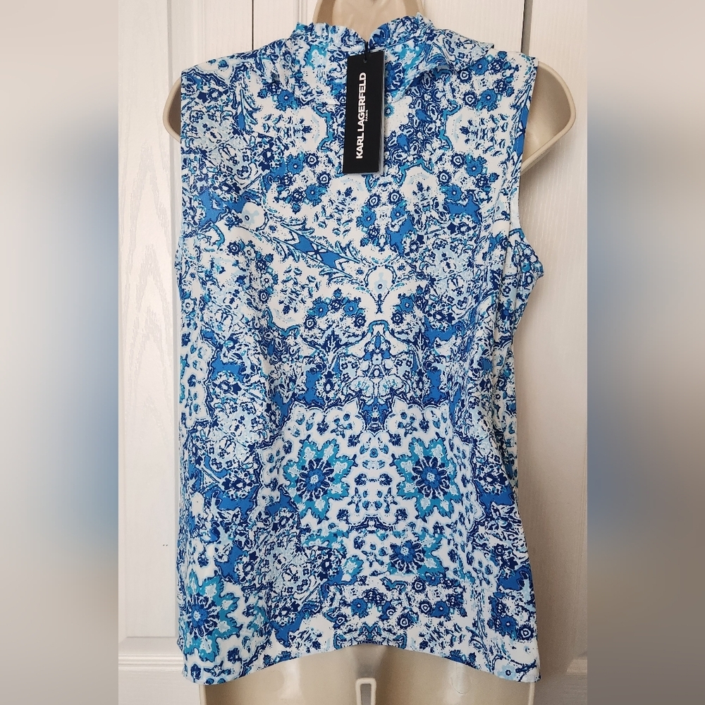 NWT Karl Lagerfeld Medium Blue Floral Sleeveless Women's Top Ruffle Collar - Picture 4 of 10